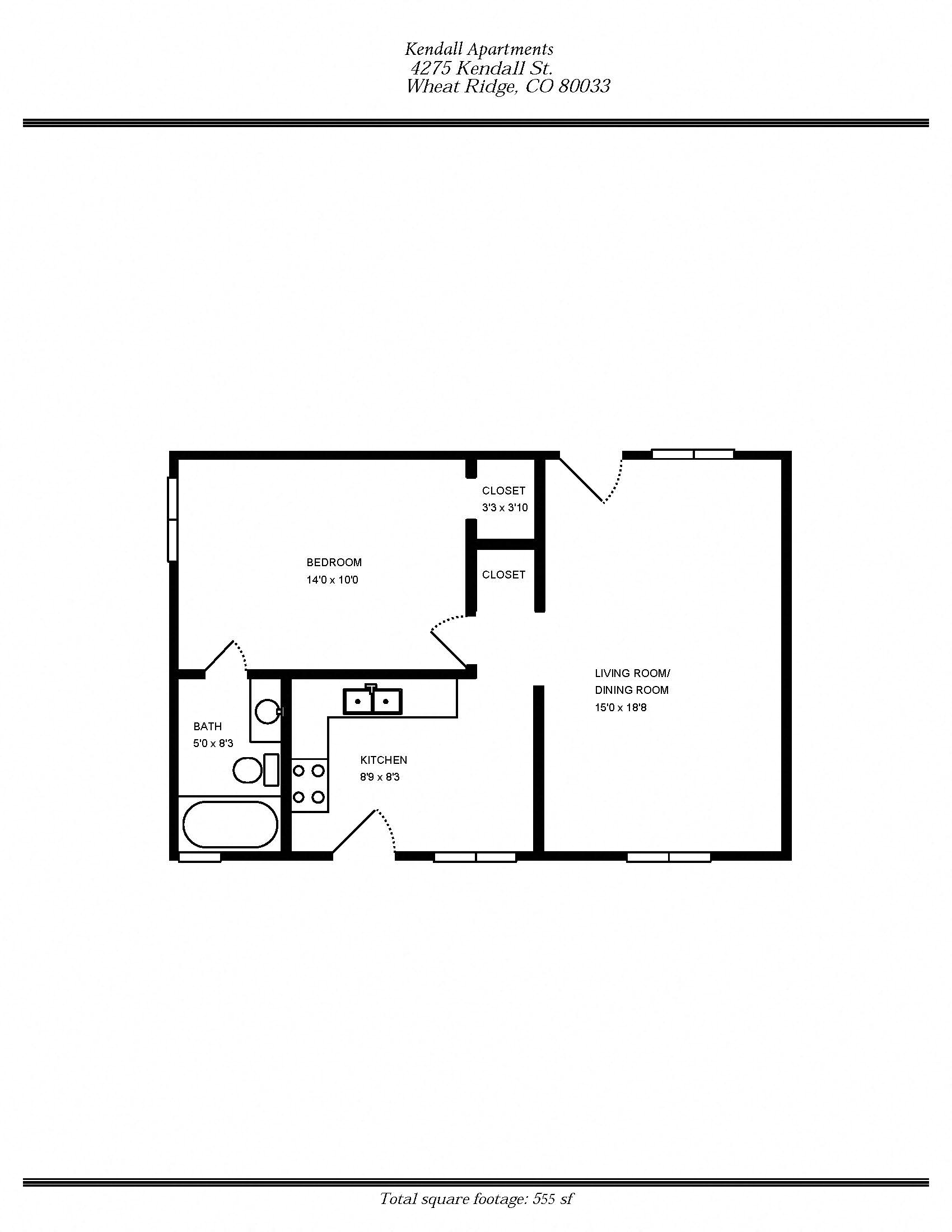 Floor plan for 1 bed, 1 bath, 555 sqft